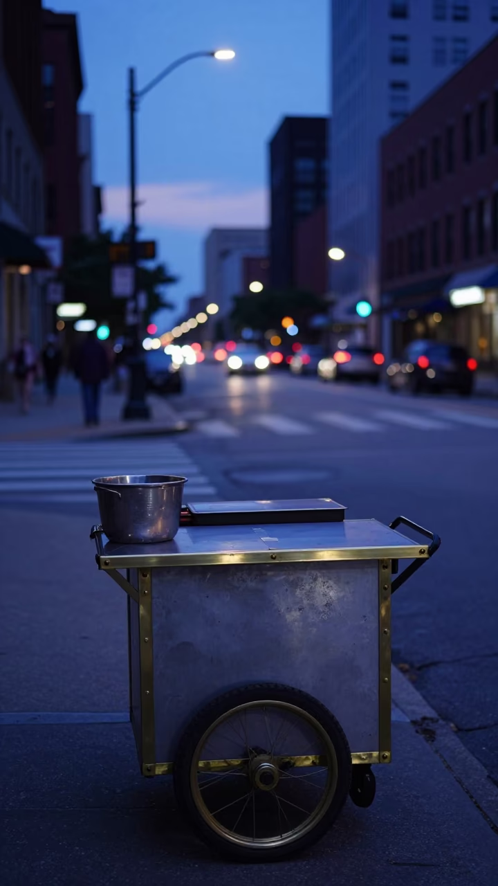 Chicago Indigo Twilight Street Scene with Polished Brass Rim and Hurricane Lamp in in Chicago, Illinois, United States