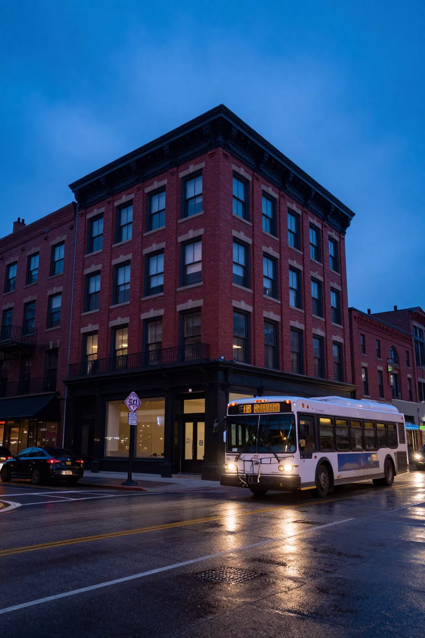 Chicago Indigo Twilight Street Scene with Red Brick Architecture and Urban Details in in Chicago, Illinois, United States