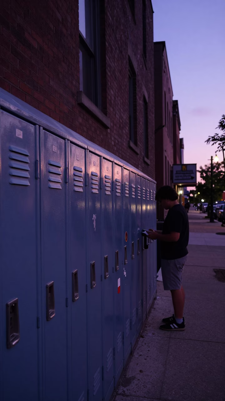 Chicago Indigo Twilight Street Scene with School Corridor Lockers and Desk Lamps in in Chicago, Illinois, United States