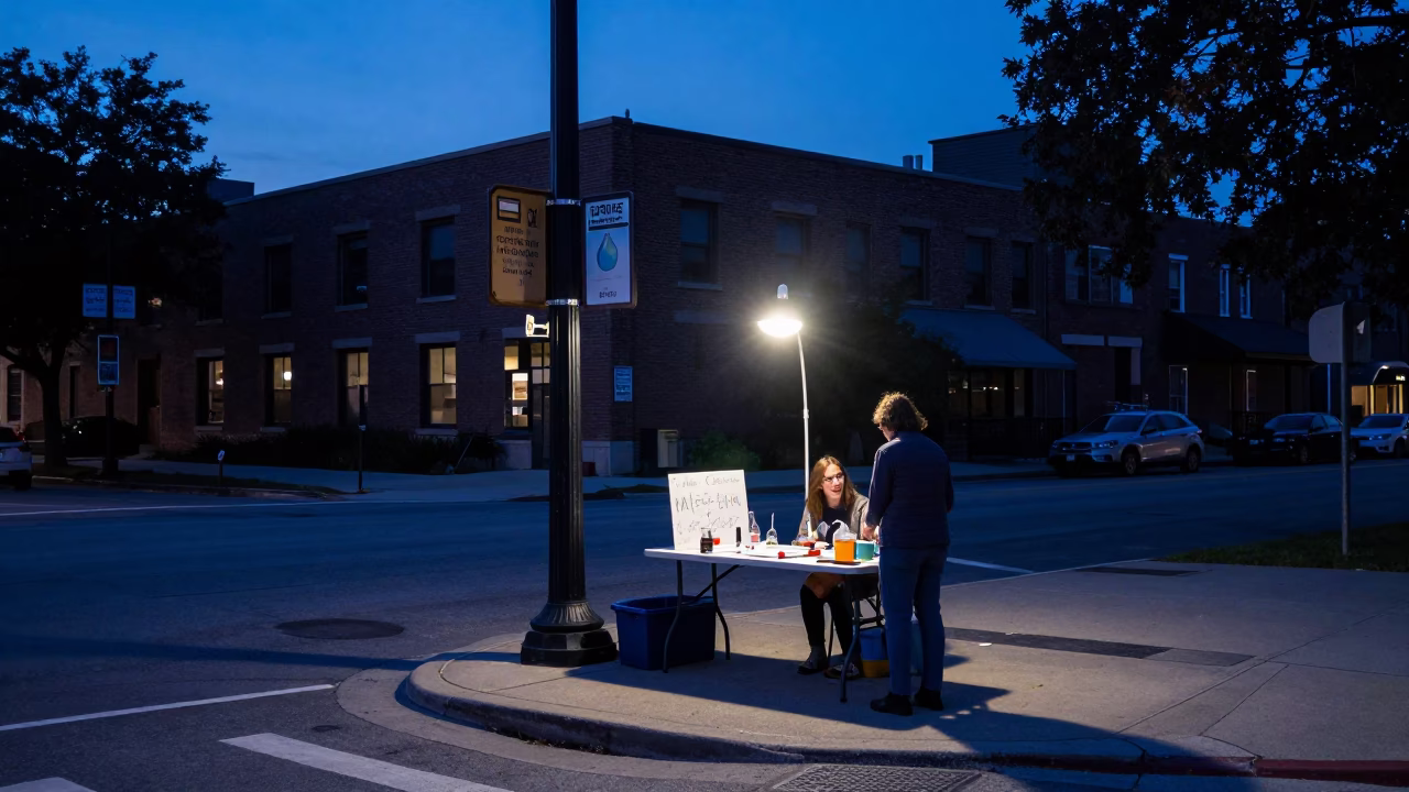 Chicago Indigo Twilight Street Scene with Science Fair Table and Deadbolt Lock in in Chicago, Illinois, United States