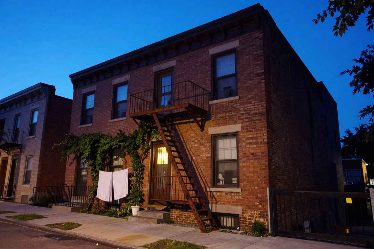 Chicago Indigo Twilight Street Scene with Vine and Laundry Pins on Balcony in in Chicago, Illinois, United States