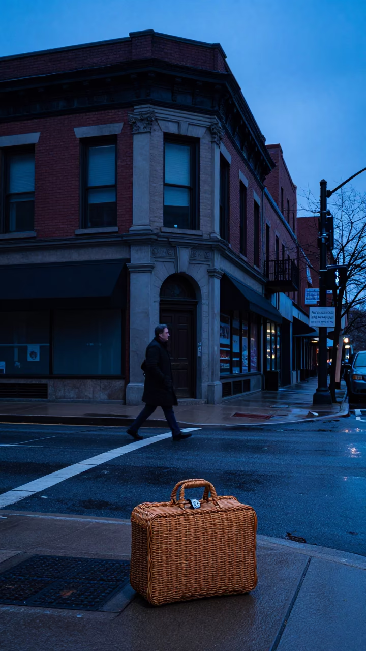 Chicago Indigo Twilight Street Scene with Vintage Wicker Bag and Urban Ambiance in in Chicago, Illinois, United States