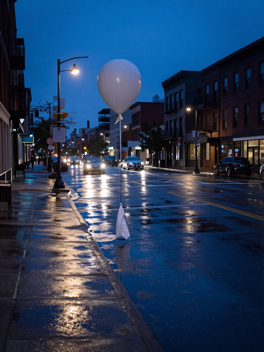 Chicago Indigo Twilight Street Scene with Wet Asphalt and Urban Activity in in Chicago, Illinois, United States