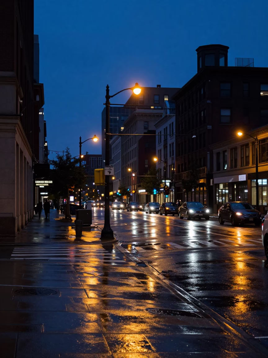 Chicago indigo twilight street scene with wet pavement and urban details in in Chicago, Illinois, United States