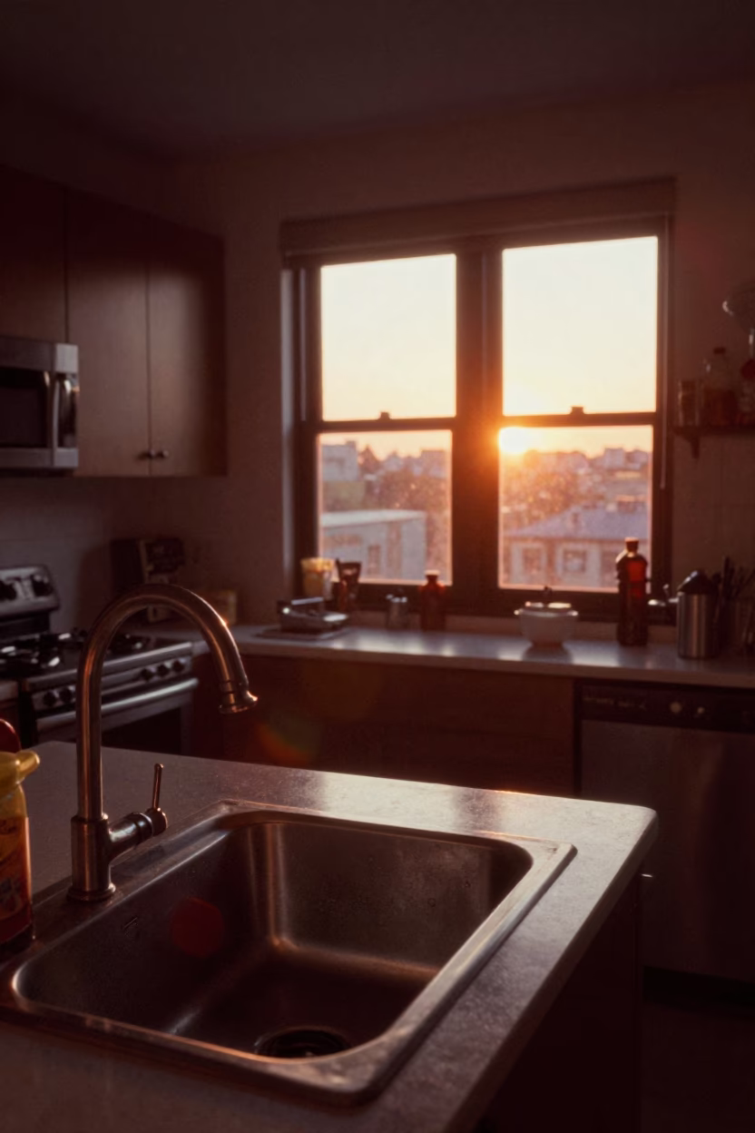 Chicago Kitchen Interior at Sunset with Sink and Sunlight in in Chicago, Illinois, United States