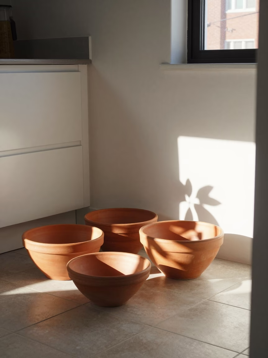 Chicago Kitchen Interior with Terracotta Bowls and Leaf Shadows in in Chicago, Illinois, United States