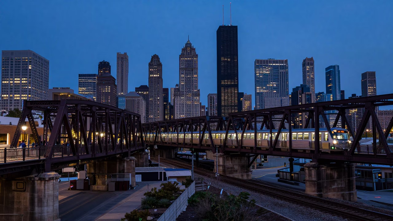 Chicago L Train Approaching Railway Viaduct Arches at Twilight in in Chicago, Illinois, United States