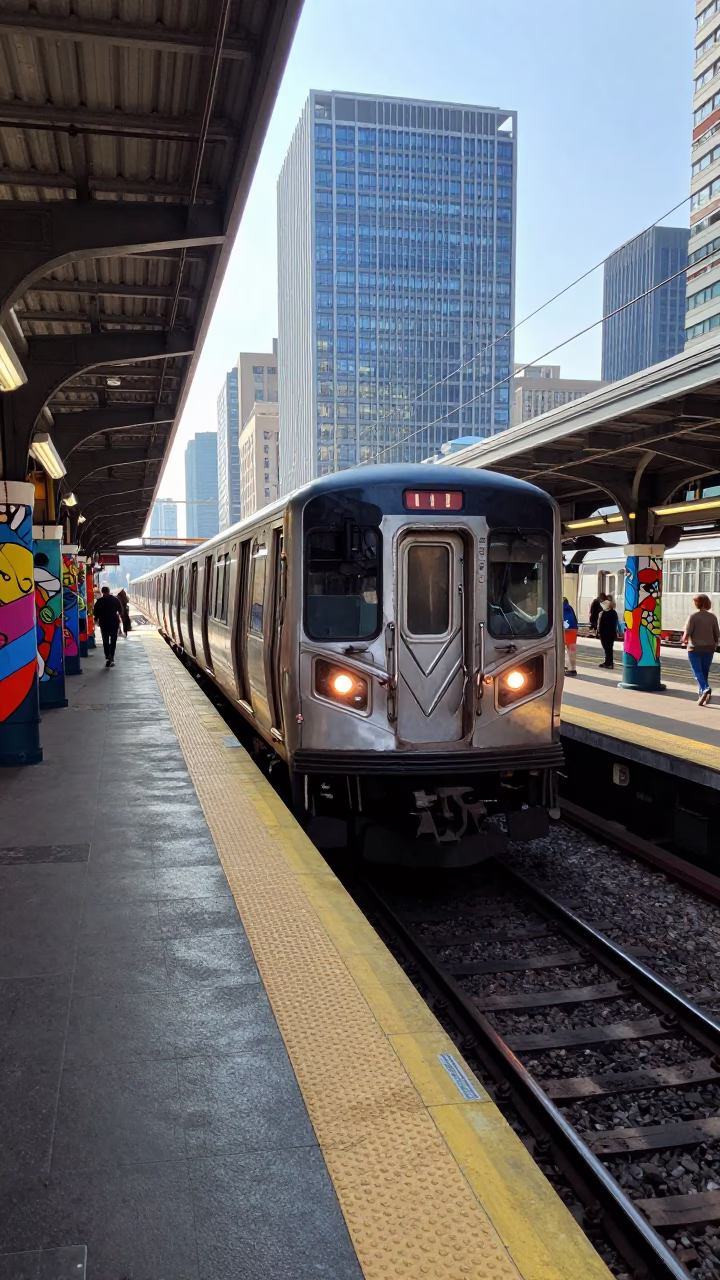 Chicago L Train Arriving at Art Adorned Station in Bright Midmorning Light in in Chicago, Illinois, United States