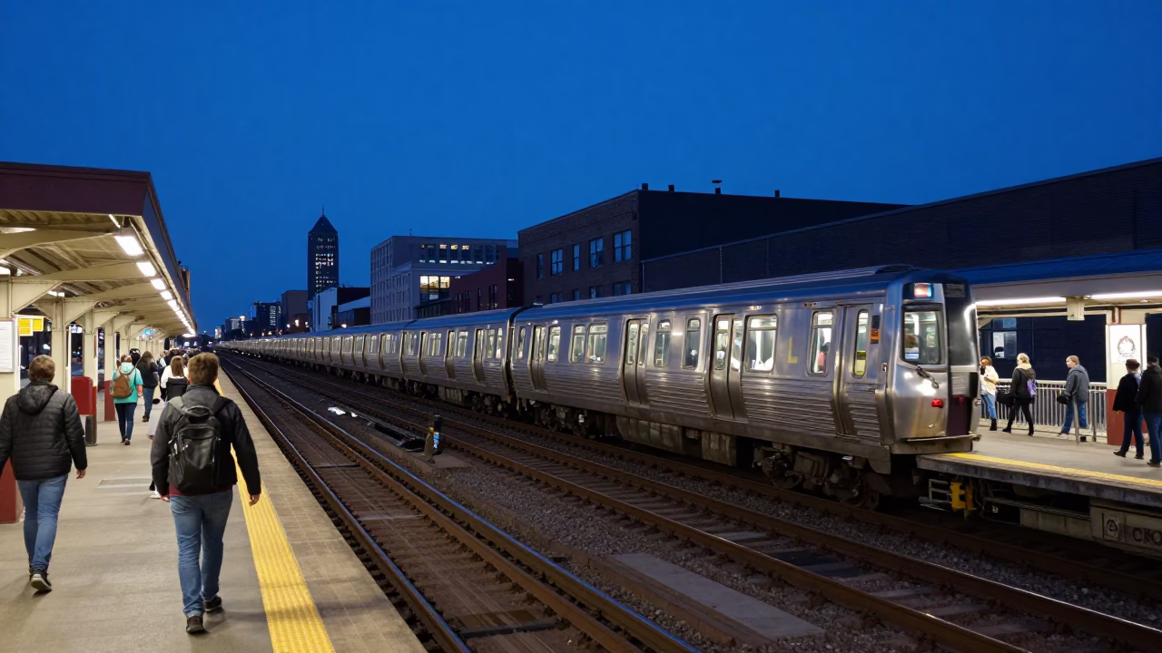 Chicago L Train Blue Hour Rush Hour Commuters on Elevated Platform in in Chicago, Illinois, United States