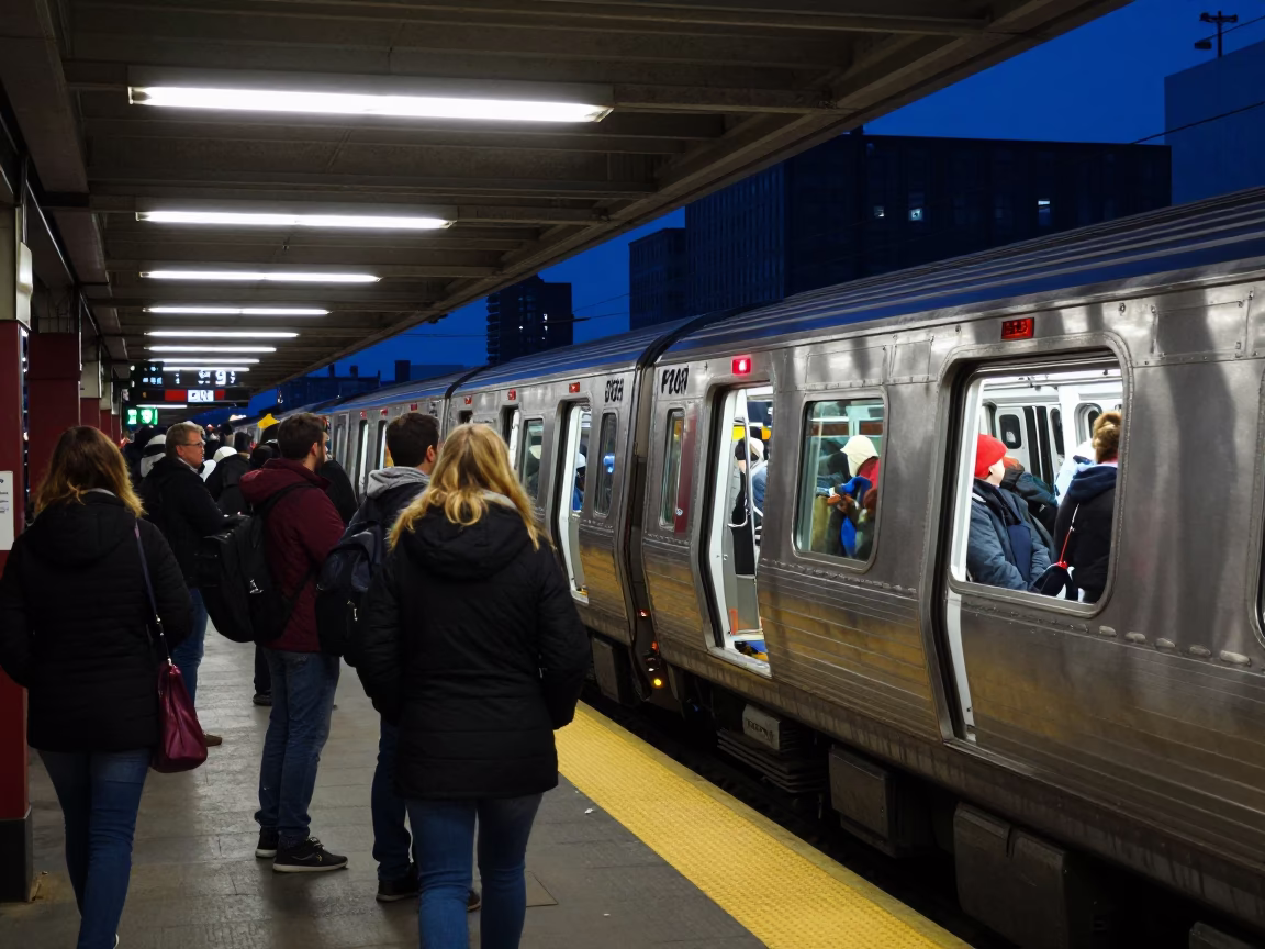 Chicago L Train Commuters at CTA Platform During Predawn Darkness in Illinois in in Chicago, Illinois, United States