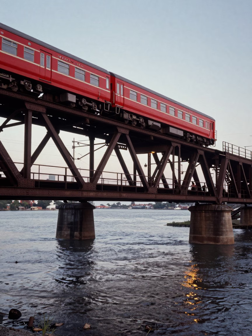 Chicago L Train Crossing Floodlit Iron Bridge Over Lake Michigan at Early Evening in in Chicago, Illinois, United States