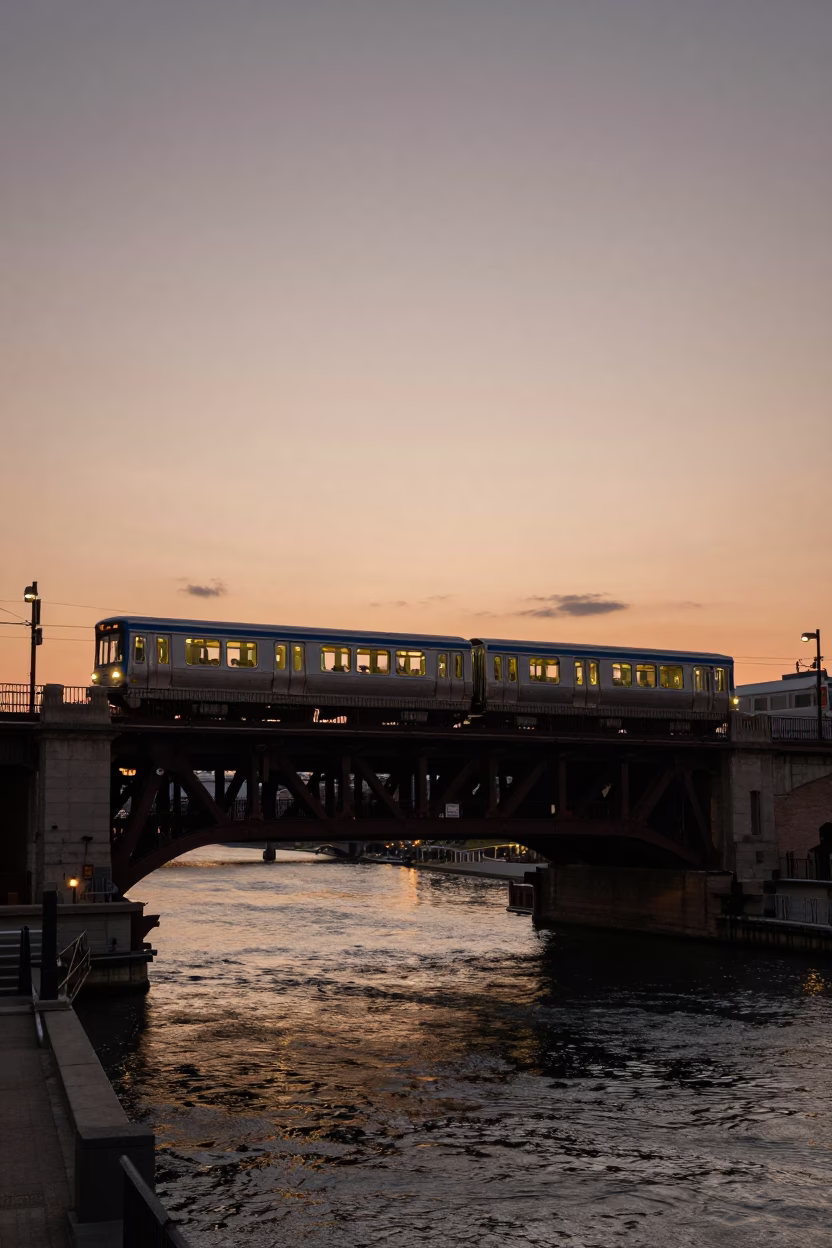 Chicago L Train Crossing Lake Street Bridge at Dusk with City Skyline in in Chicago, Illinois, United States