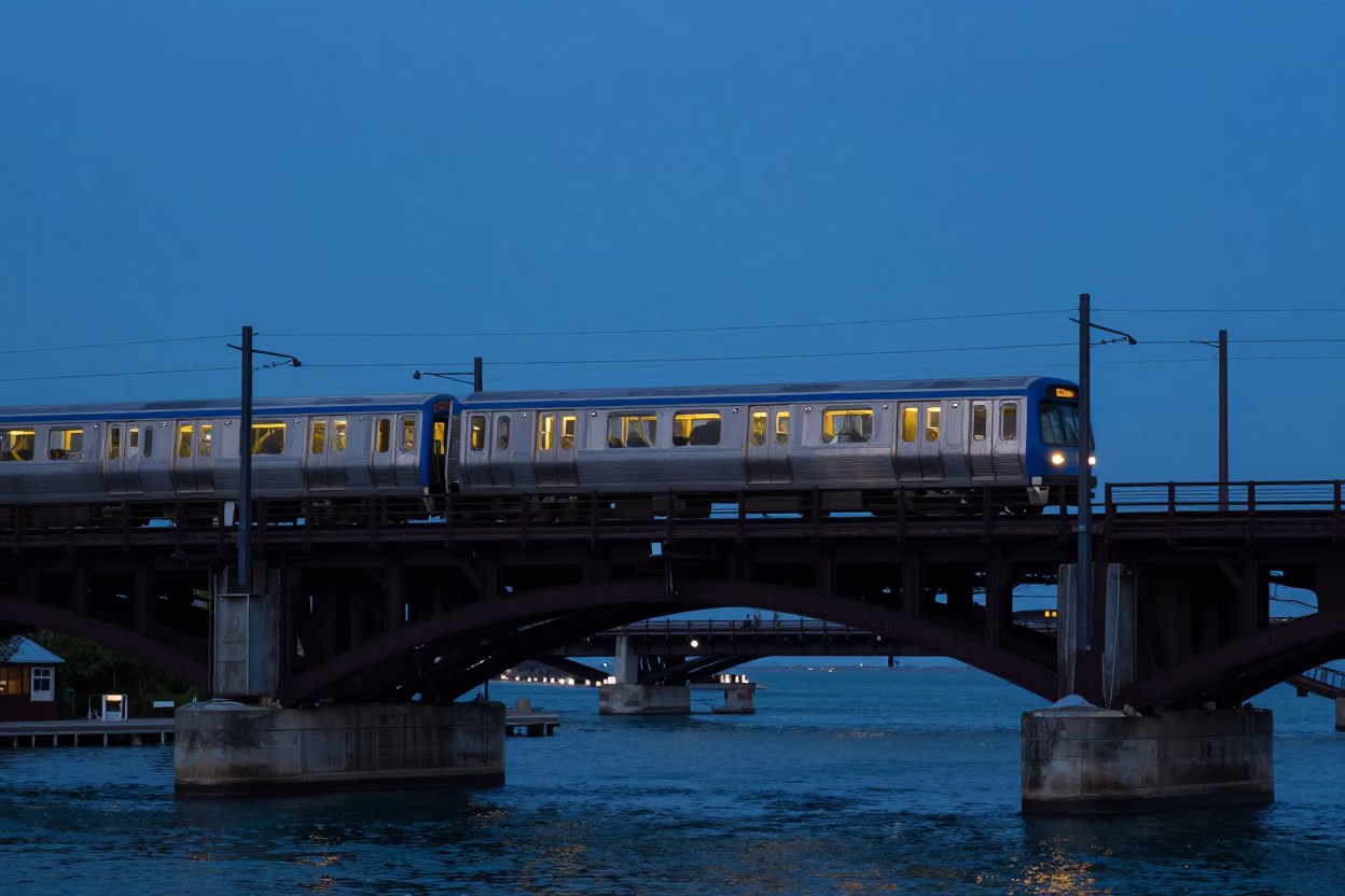 Chicago L Train Crossing Lake Street Bridge at Nautical Dawn with City Skyline in in Chicago, Illinois, United States