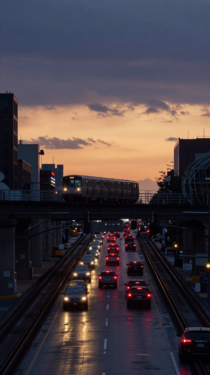 Chicago L Train Overpass Interchange Glowing with Taillights After Rain at Sunset in in Chicago, Illinois, United States