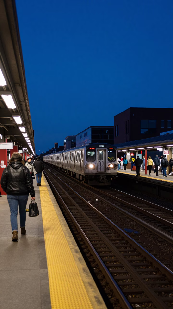 Chicago L Train Platform Before Dawn with Commuters and Steel Architecture in in Chicago, Illinois, United States