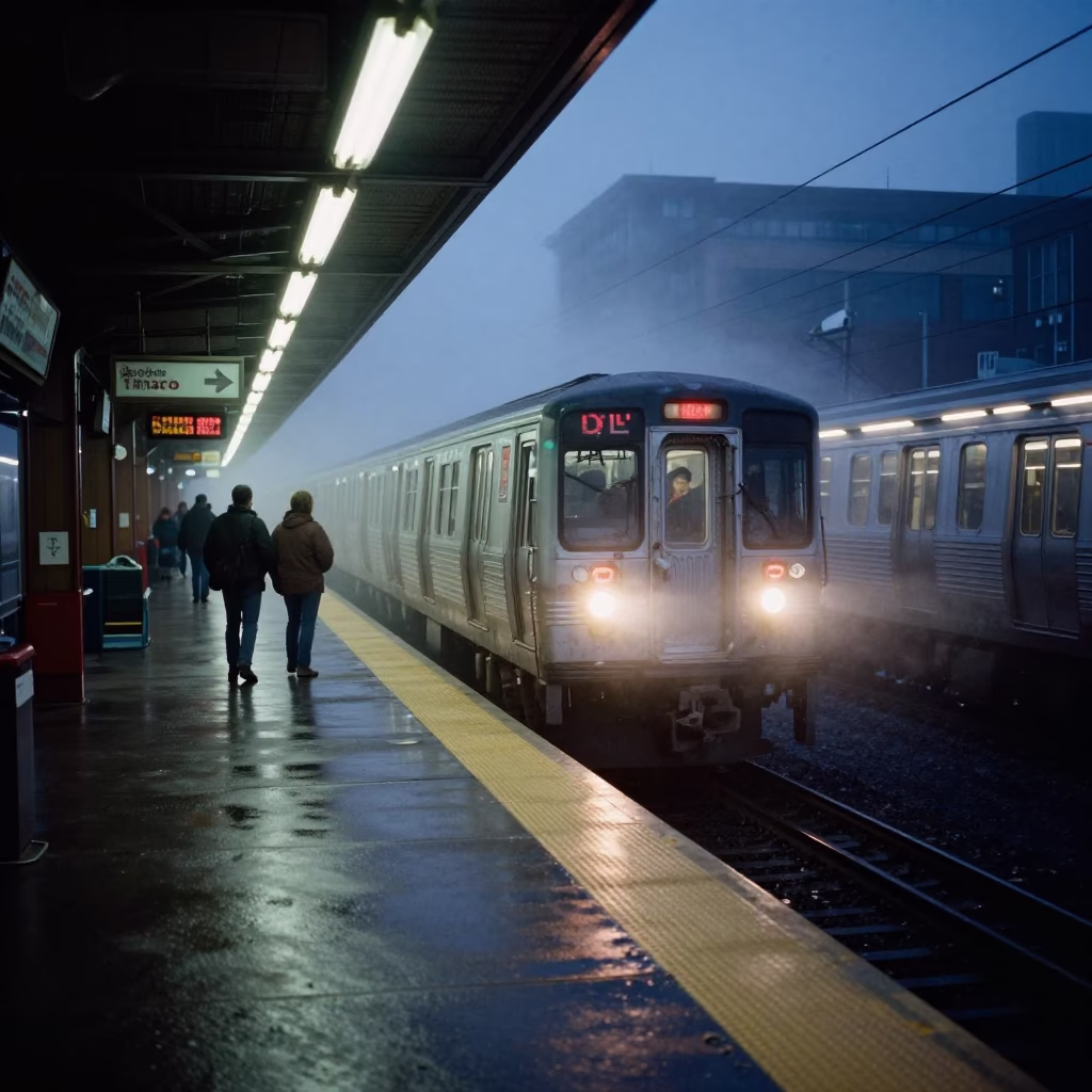 Chicago L Train Platform Predawn Steam Haze and Commuter Waiting in in Chicago, Illinois, United States