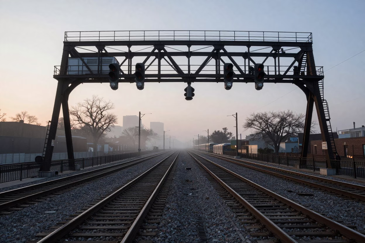 Chicago L Train Signal Gantry Above Rail Lines in Early Evening Mist in in Chicago, Illinois, United States