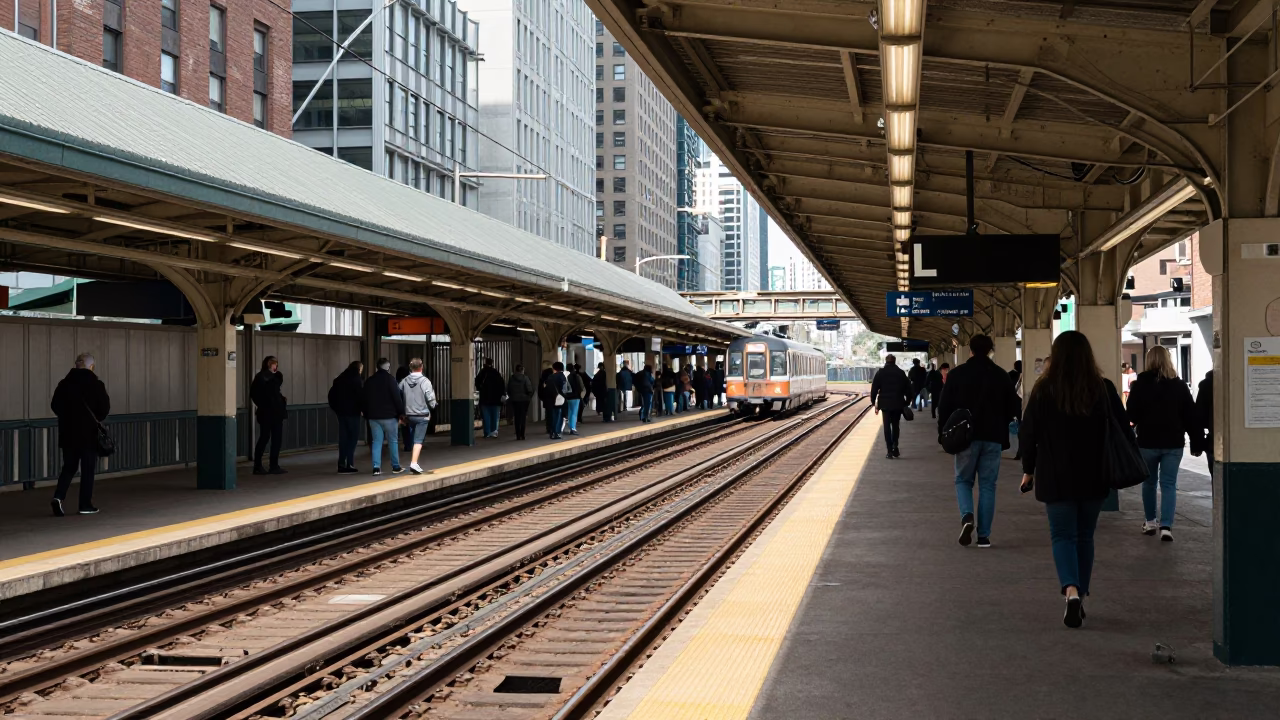 Chicago L Train Station Platform at Noon with Commuters and Subway Signage in in Chicago, Illinois, United States