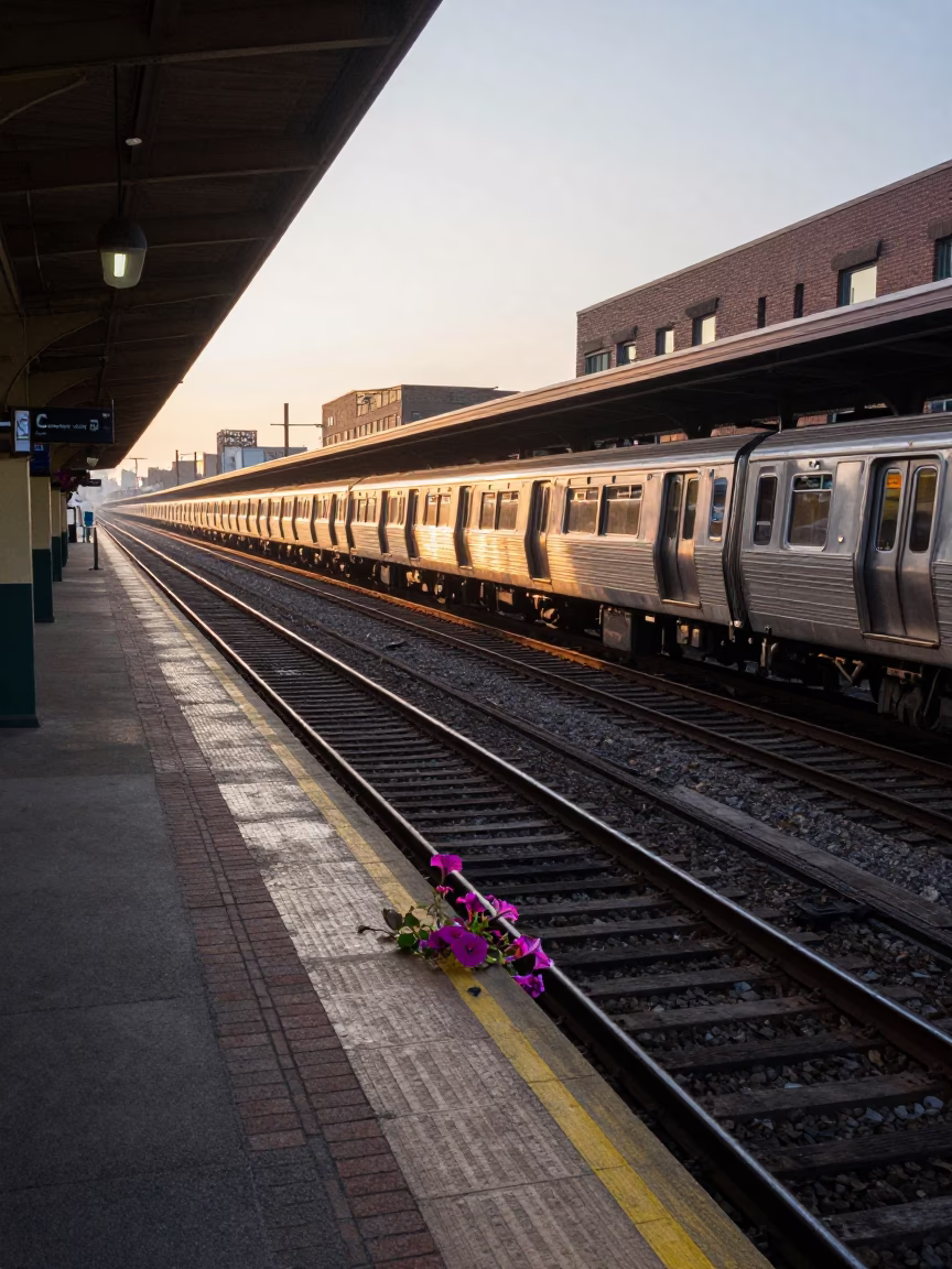 Chicago L Train Station Platform at Sunrise with Morning Glory and Commuters in in Chicago, Illinois, United States