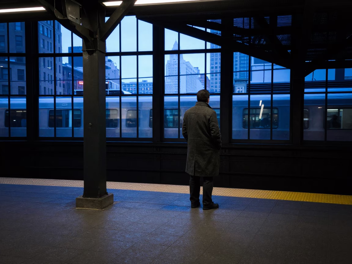 Chicago L Train Station Platform Before Dawn with Commuter Waiting in in Chicago, Illinois, United States