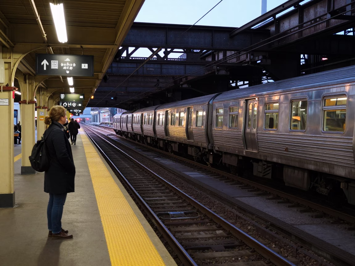 Chicago L Train Station Platform Evening Commute with Passenger Checking Watch in in Chicago, Illinois, United States