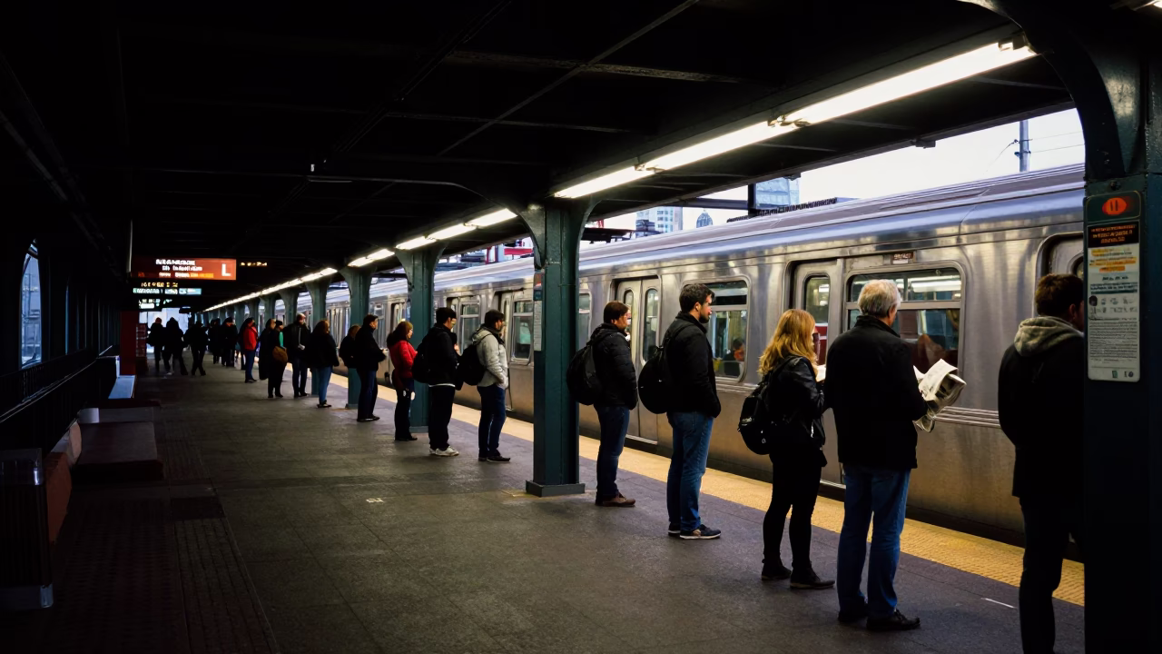 Chicago L Train Station Platform Evening Commuters with Newspaper and Bench in in Chicago, Illinois, United States