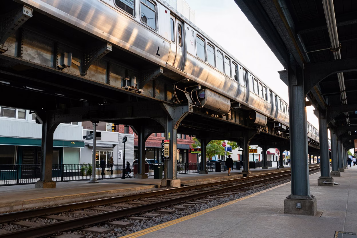 Chicago L Train Tracks and Brushed Steel Reflections in Early Afternoon Light in in Chicago, Illinois, United States