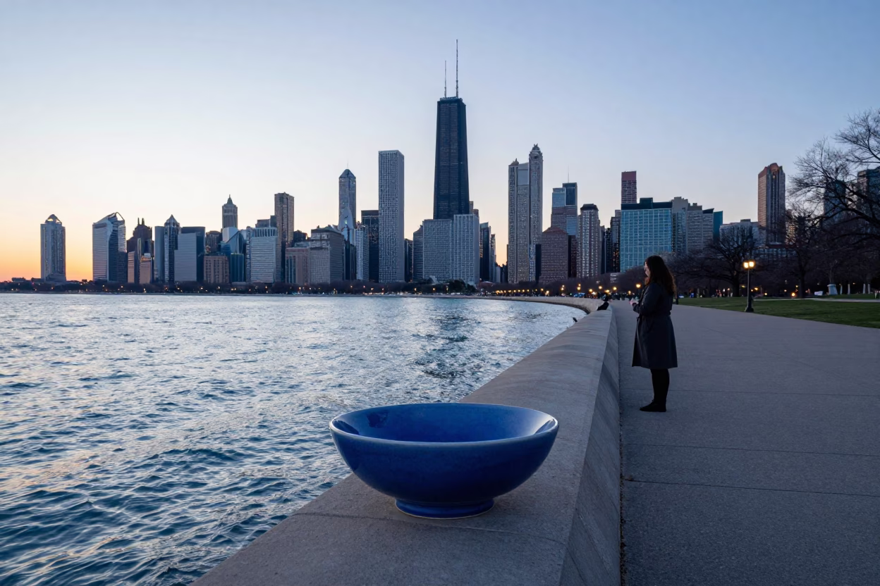 Chicago Lakefront Dawn Blue Porcelain Bowl on Concrete Barrier in in Chicago, Illinois, United States