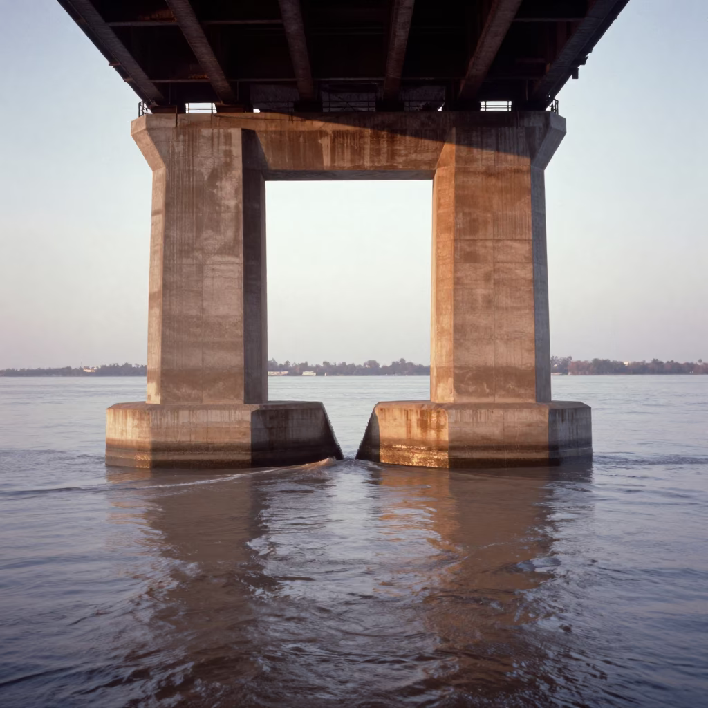 Chicago Lakefront Dawn Bridge Pier Cutwater Splitting Flood-Brown Current First Light in in Chicago, Illinois, United States