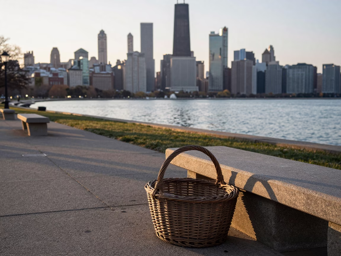 Chicago Lakefront First Light Street Scene with Wicker Basket and Condensation in in Chicago, Illinois, United States
