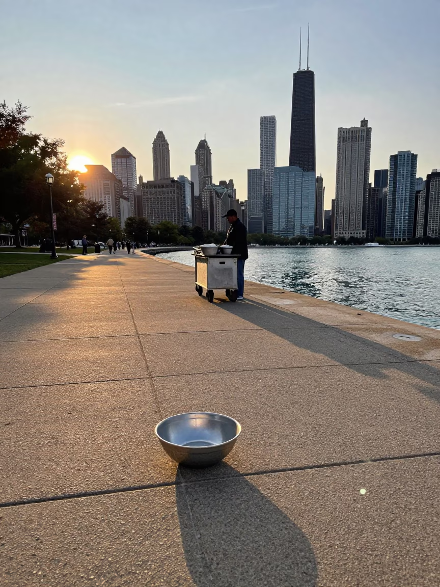 Chicago Lakefront Golden Hour Street Scene with Bowl and Tray in in Chicago, Illinois, United States