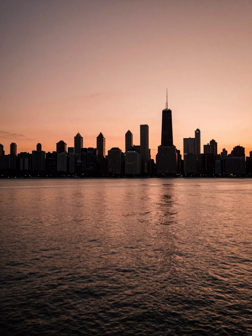 Chicago Lakefront Horizon Copper Light Before Dusk Urban Landscape in in Chicago, Illinois, United States