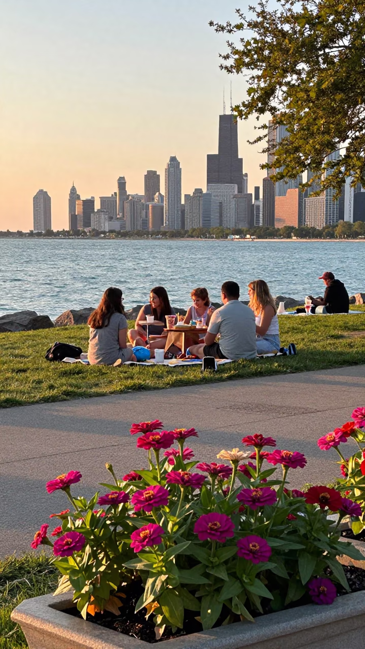 Chicago Lakefront Park Golden Hour Scene with Zinnias and Vintage Dining in in Chicago, Illinois, United States