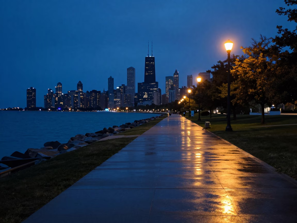 Chicago Lakefront Path at Indigo Twilight After Sunset in in Chicago, Illinois, United States