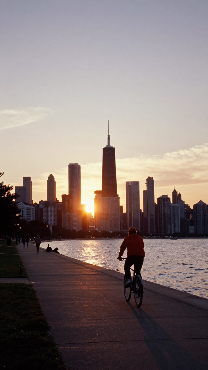 Chicago Lakefront Path Sunset with Cyclist and Urban Skyline View in in Chicago, Illinois, United States