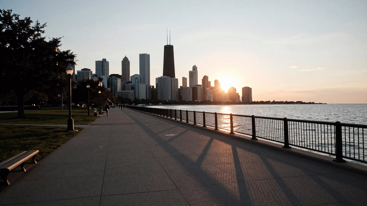 Chicago Lakefront Pathway at The Early Evening Light in in Chicago, Illinois, United States