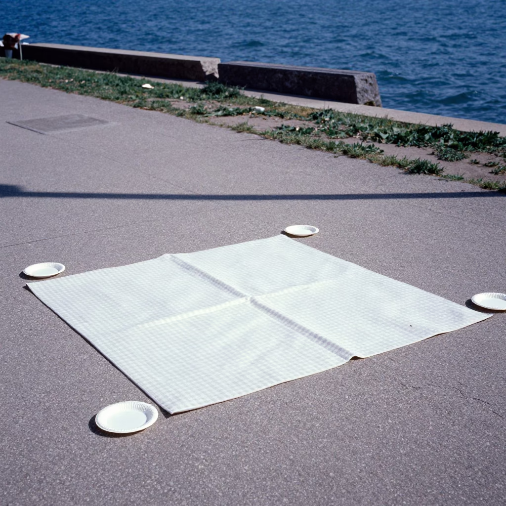 Chicago Lakefront Picnic Blanket Under Flat Noon Sunlight with City Skyline in in Chicago, Illinois, United States