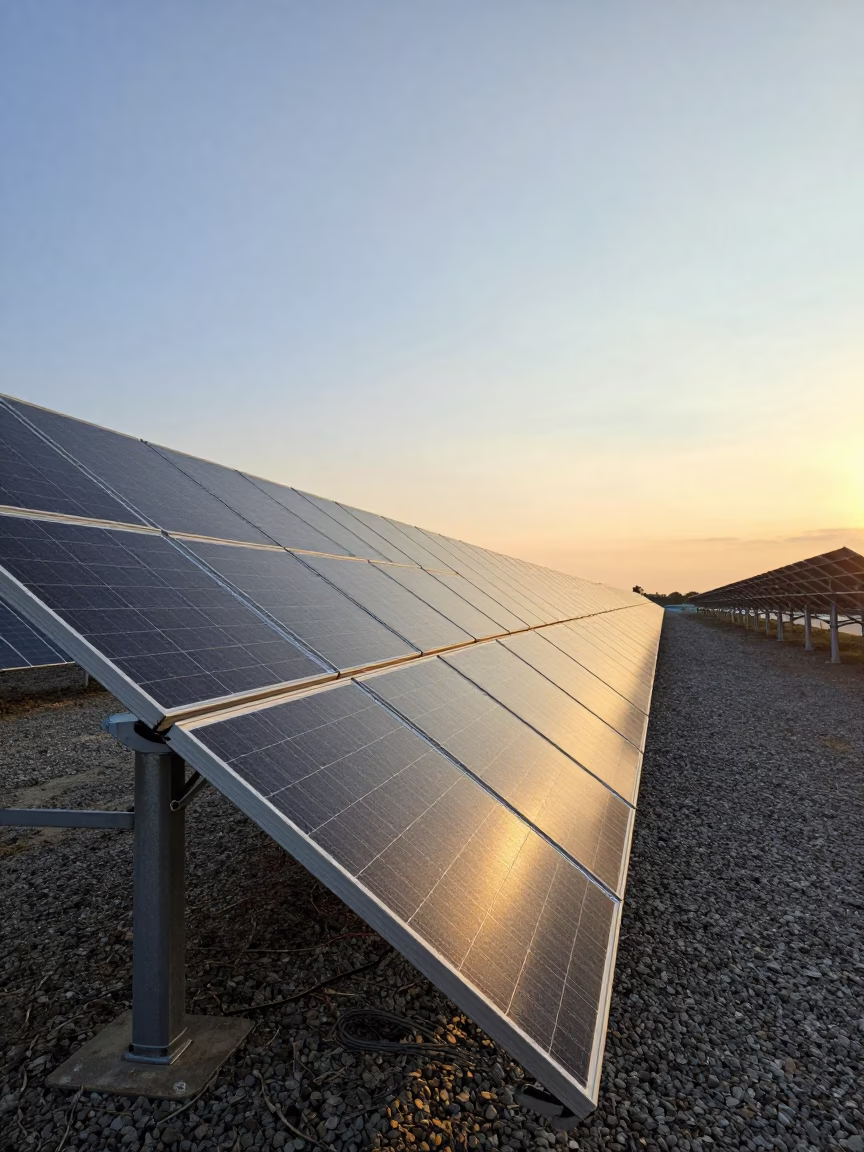 Chicago Lakefront Solar Array Golden Hour Silver Glint on Gravel Scrub in in Chicago, Illinois, United States