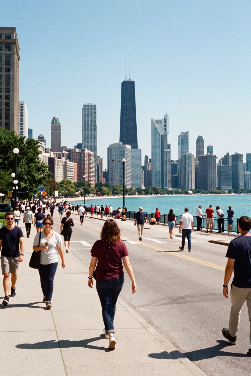 Chicago Lakefront Street Scene with Lake Michigan and Urban Infrastructure in Bright Midmorning Light in in Chicago, Illinois, United States