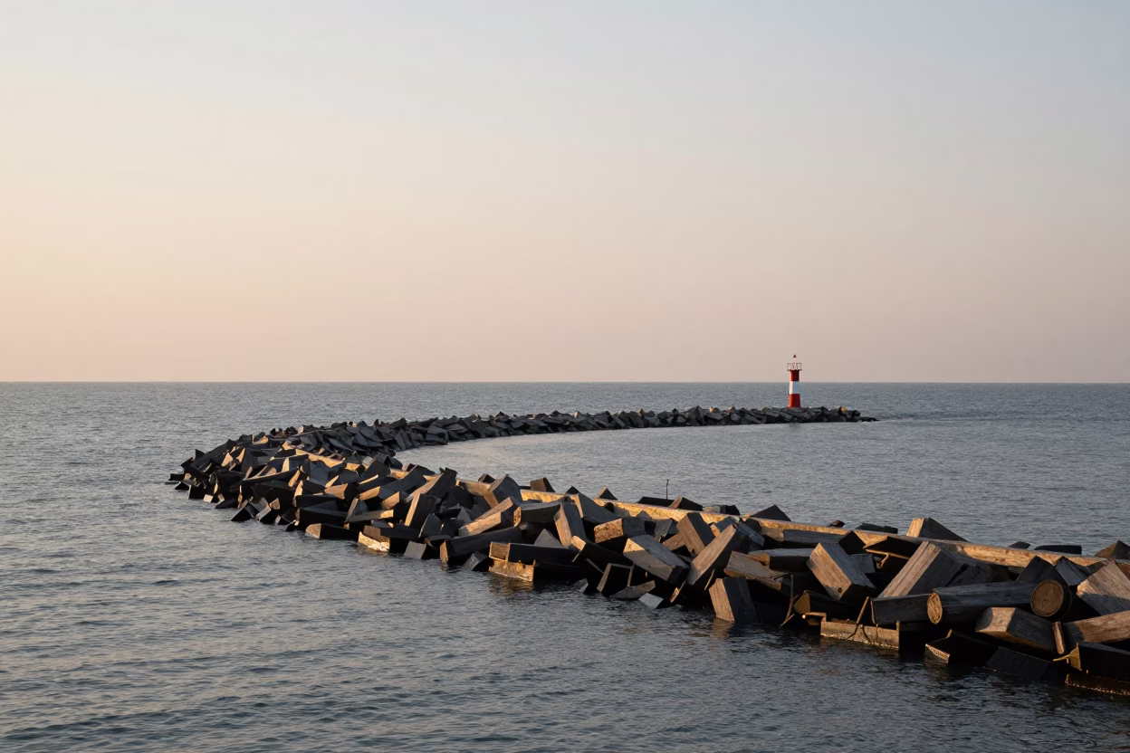 Chicago Lakefront Sunrise Breakwater Harbor Beacon and Construction Pile Driver in in Chicago, Illinois, United States
