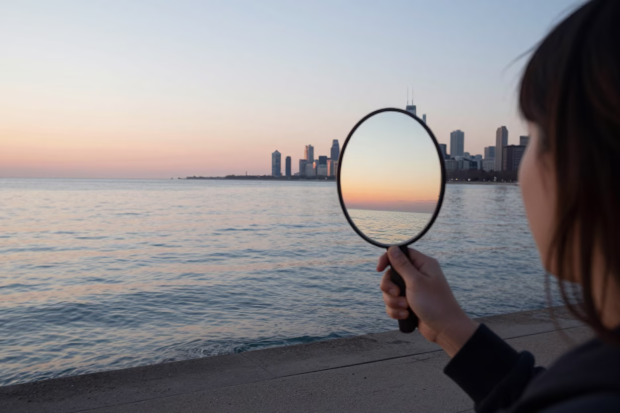 Chicago Lakefront Sunrise with Hand Mirror Reflection and Patterned Rug Detail in in Chicago, Illinois, United States