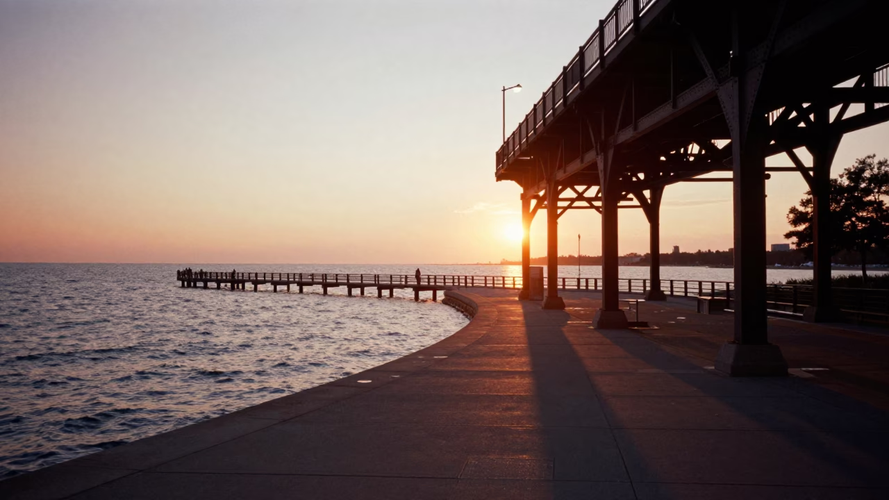 Chicago Lakefront Sunset Over L-Shaped Pier and Lake Michigan Water in in Chicago, Illinois, United States