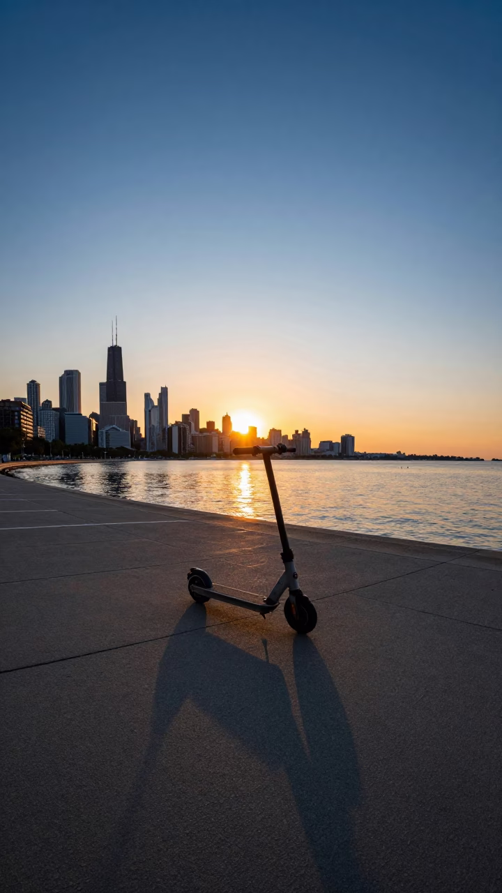 Chicago Lakefront Sunset Scooter Parking Near Marina with City Skyline and Harbor Lights in in Chicago, Illinois, United States