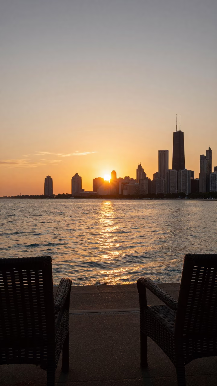 Chicago Lakefront Sunset View with Wicker Chair Shadows and Fingerprints on Glass in in Chicago, Illinois, United States