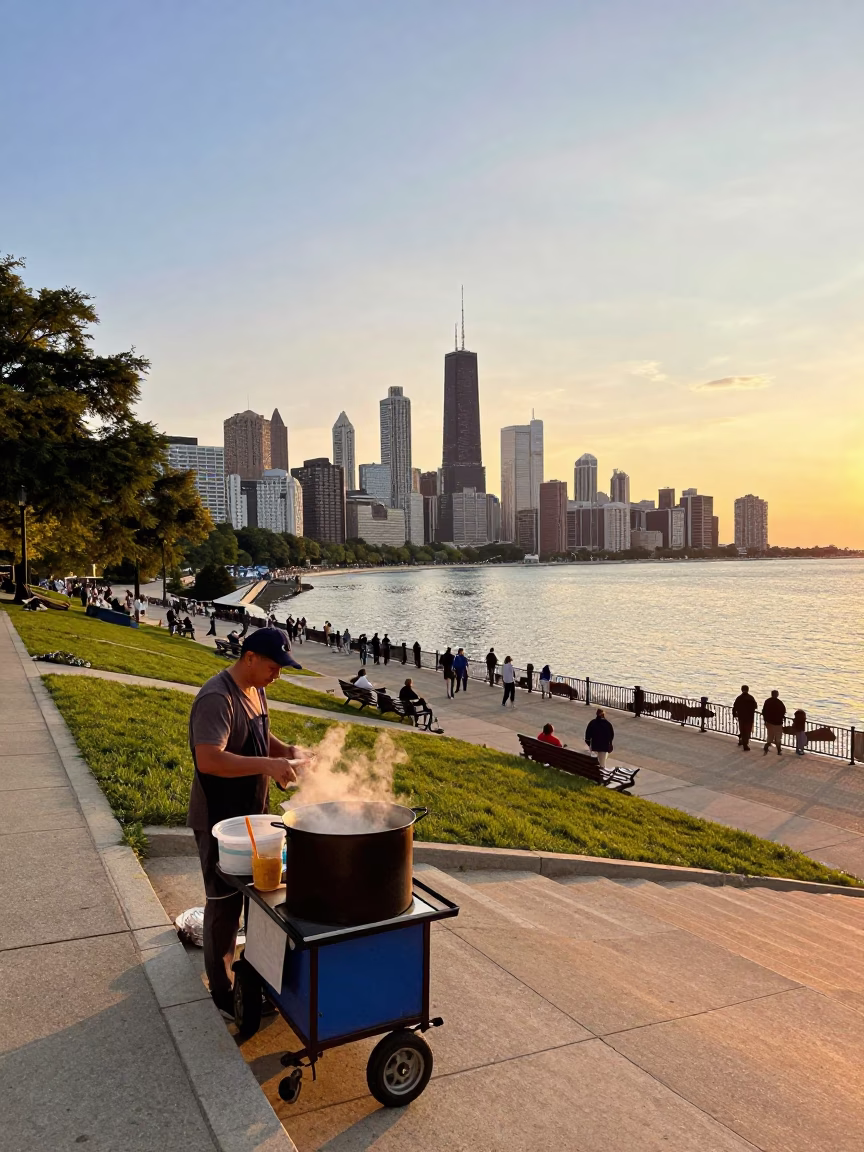 Chicago Lakefront Sunset with Funicular Gardens and Street Vendor Cooking Pot in in Chicago, Illinois, United States