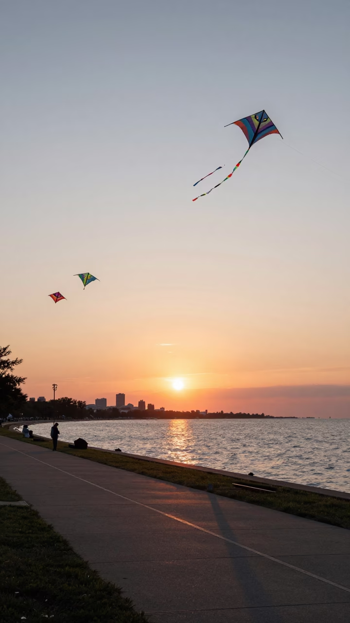 Chicago Lakefront Sunset with Kites Flying Over the Lakefront Trail Path in in Chicago, Illinois, United States