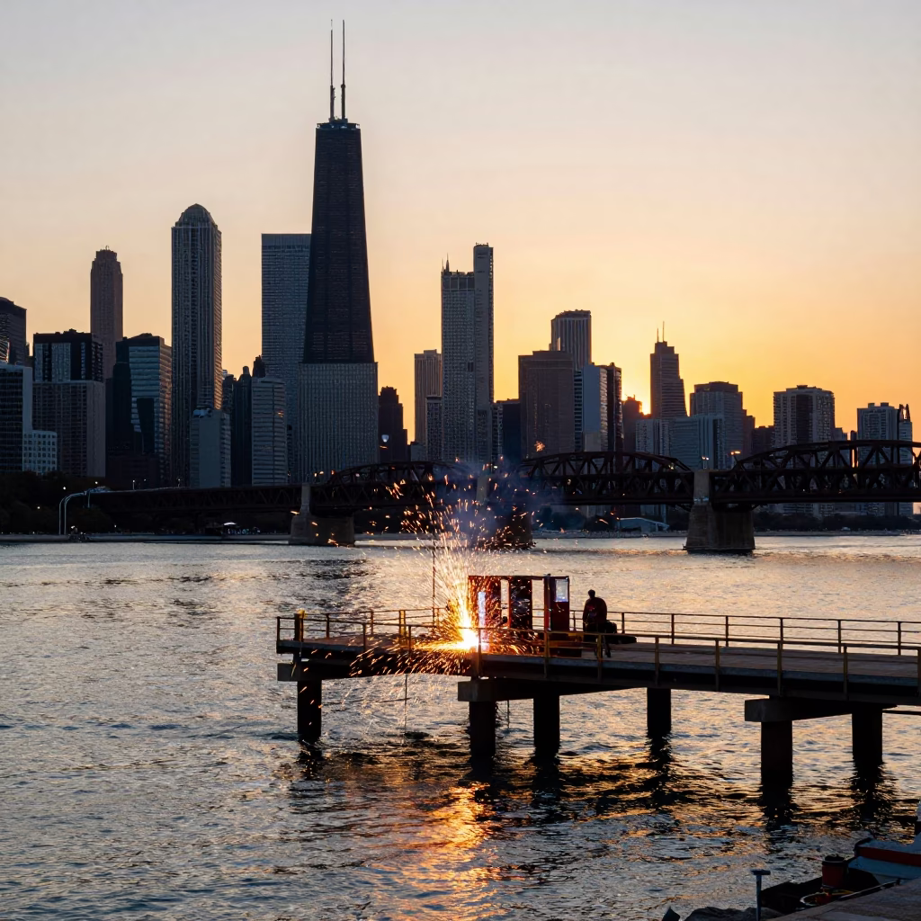 Chicago Lakefront Sunset with Welding Sparks and Industrial Bridge Construction in in Chicago, Illinois, United States