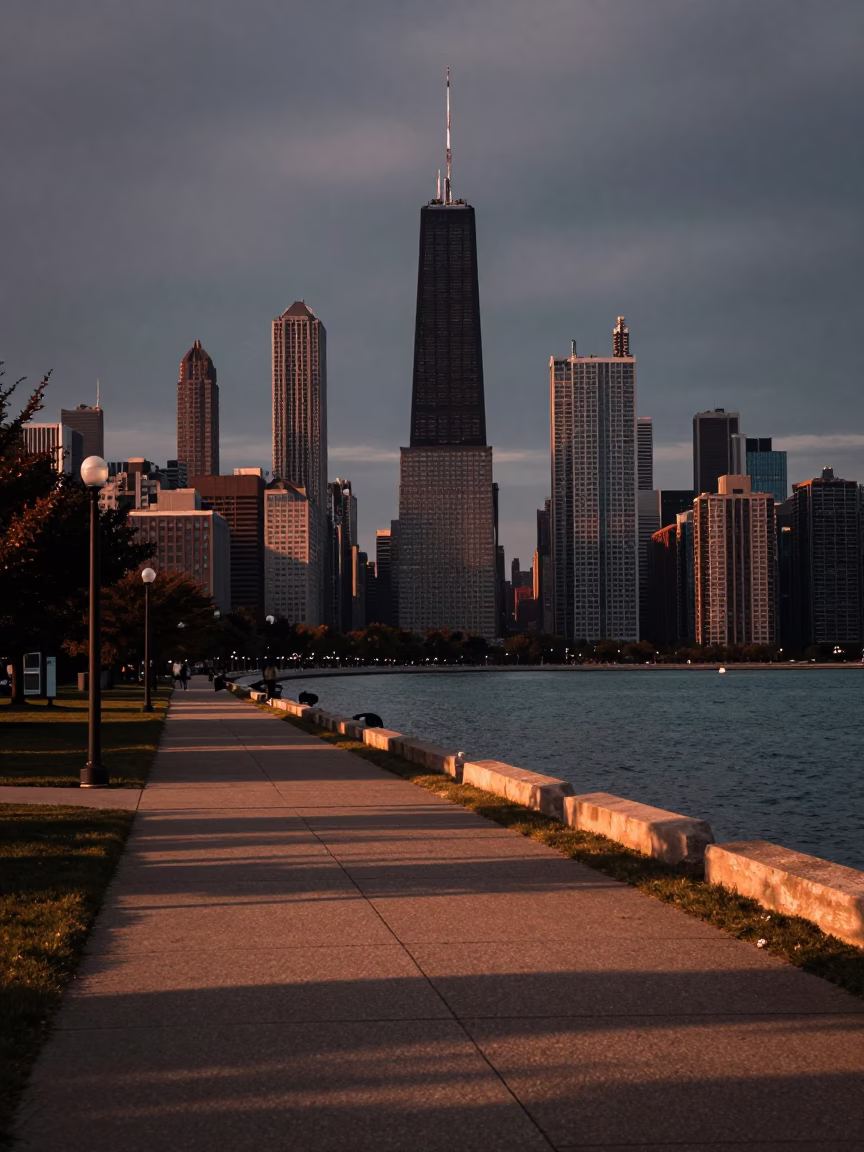 Chicago Lakefront Trail Dusk View of Windy City Skyline and Urban Path in in Chicago, Illinois, United States