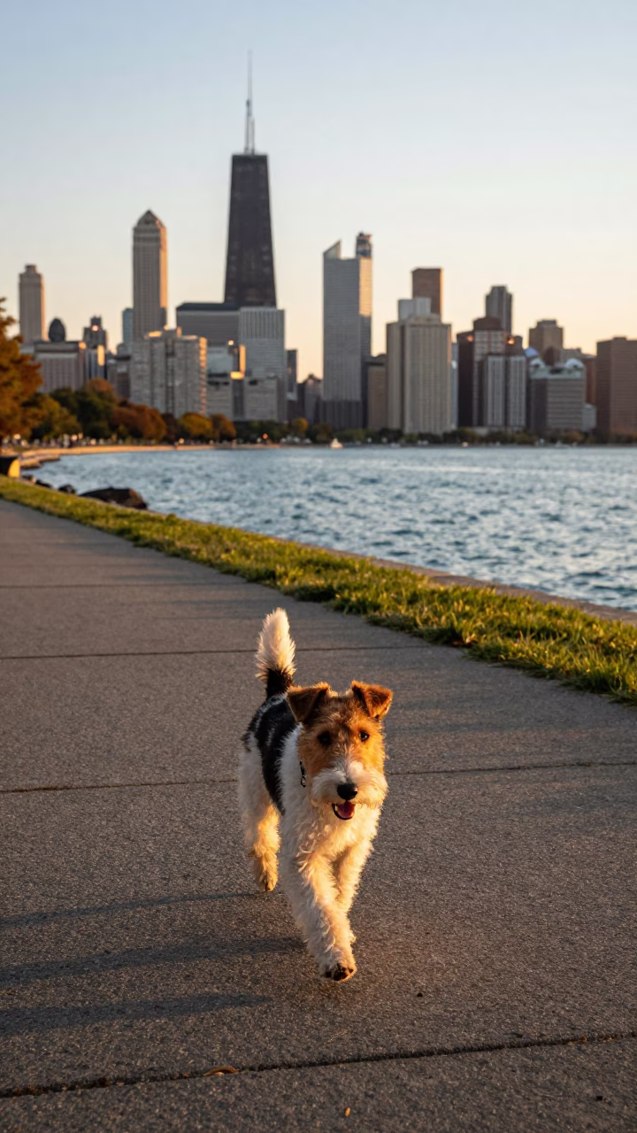 Chicago Lakefront Trail Golden Hour Toy Fox Terrier Walking Past Lake Michigan Sunset in in Chicago, Illinois, United States