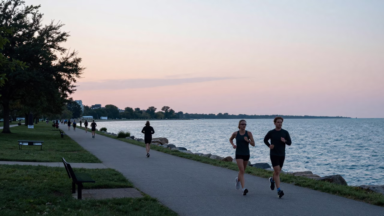 Chicago Lakefront Trail Morning Light with Pedestrians and Lake Michigan in in Chicago, Illinois, United States